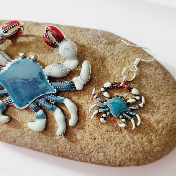 SALE! Crab pendant earrings set 925 sterling silver handmade enamel NICE! Beach - Picture 3 of 16